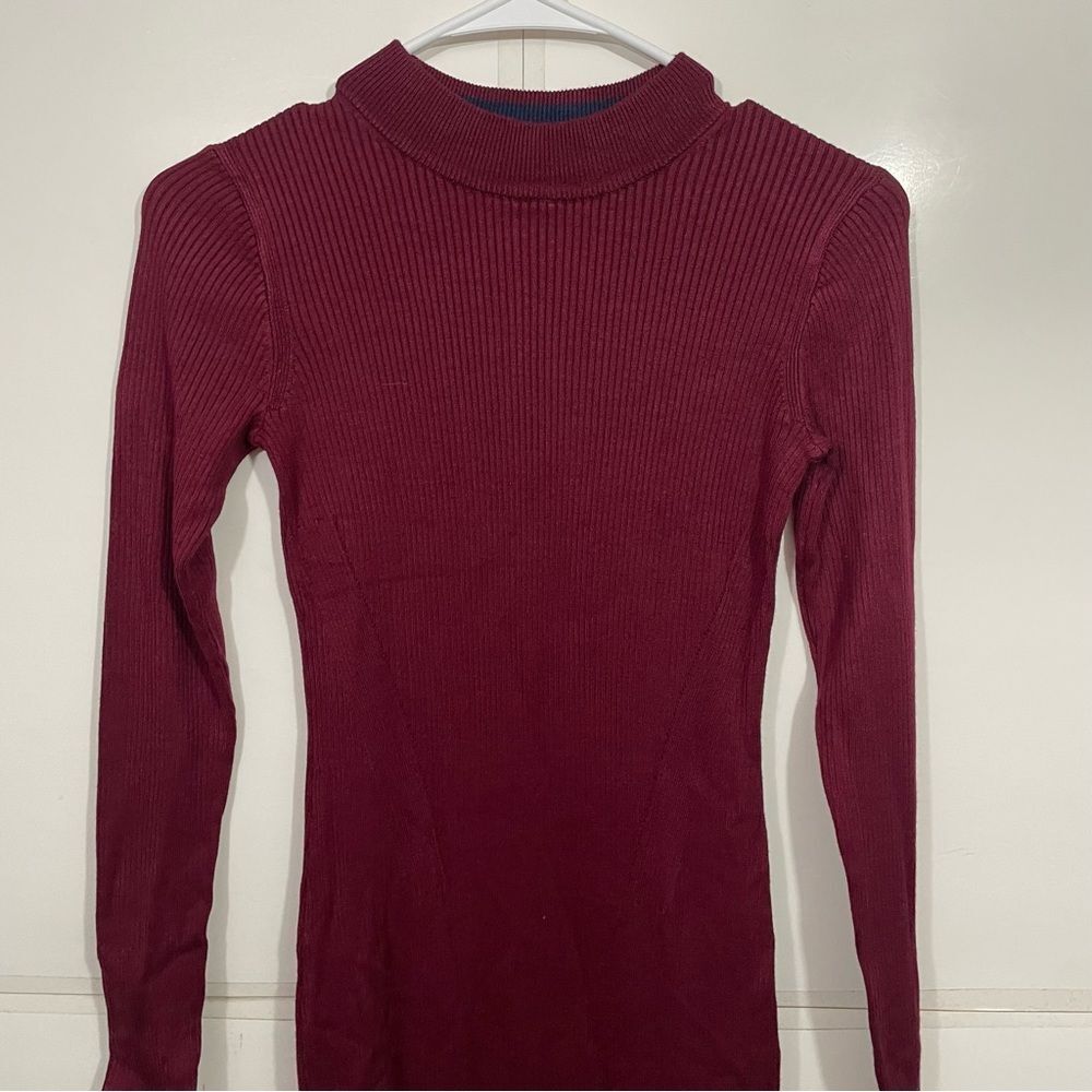 J. Crew Maroon Seam Structured Ribbed Mock Neck Maxi Long Sleeve Sweater Dress - Picture 3 of 5